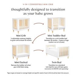 Babyletto Lolly 4-in-1 Convertible Mini Crib w/ Toddler Bed Conversion Kit - White/Natural