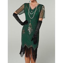 Anni Ruggenti Anni 1920 Lunghezza al ginocchio Vestito Abito Flapper Abito da Ballo Maniche corte Il grande Gatsby Charleston Paillettes Frangia con nappe Scollo a V Costume Per donna Carnevale
