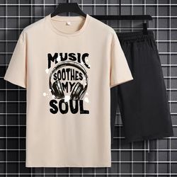 2pcs Headphone Pattern Print Short Sleeve Round Neck T-shirt & Jogger Shorts Set, Comfy Outfits For Men Sports Summer Clothes