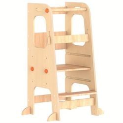 TEMU Toddler Tower, Wooden Step Stool For Toddlers, Toddler Kitchen Stool Helper With 3 Adjustable Height Feet Anti-drop Rail, Standing Tower For 18 Months - 5 Years