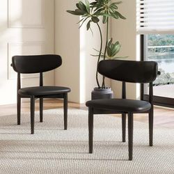 Mid-Century Black Ash Dining Chair (Set of 4), Black PU Leather Seat, Full Assembly