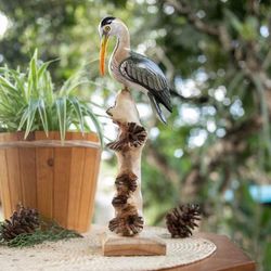 Crane Scene,'Hand-Painted Nature-Themed Wood Sculpture of a Crane'