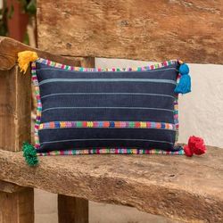 Everlasting Spring,'Handwoven Rectangular Blue Cotton Cushion Cover with Tassels'