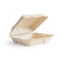 Vegware B027N Hinged Lid Food Container - 10" x 10", Molded Fiber, Natural Brown