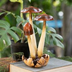 'Hand-Painted Wood Sculpture with Mushroom Motifs from Bali'