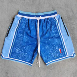 Trillest Los Angeles Style Blue Paisley Printed Basketball Shorts with Zipper Pockets Bryant LeBron Street Wear Training Pants