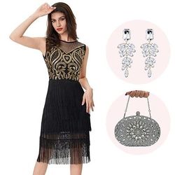 Anni Ruggenti Anni 1920 Lunghezza al ginocchio Abito Flapper Abiti Senza maniche Il grande Gatsby Invitato al matrimonio Paillettes Frangia con nappe Scollo Tondo Costume Per donna Natale Carnevale