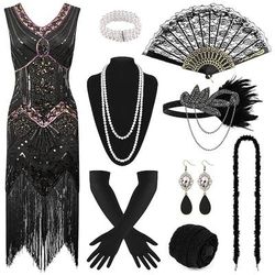 Anni Ruggenti Anni 1920 Lunghezza al ginocchio Vestito Abito Flapper Abiti Senza maniche Il grande Gatsby Charleston Invitato al matrimonio Paillettes Frangia con nappe Piuma Scollo a V Costume Per