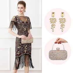 Anni Ruggenti Anni 1920 Lunghezza al ginocchio Abito Flapper Abiti Maniche corte Il grande Gatsby Invitato al matrimonio Paillettes Frangia con nappe Scollo Tondo Costume Per donna Natale Carnevale