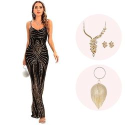 Anni Ruggenti Anni 1920 Lunghezza alla caviglia Abito da sera Abiti Senza maniche Il grande Gatsby Invitato al matrimonio Paillettes Scollo a V Costume Per donna Natale Carnevale Mascherata Festa