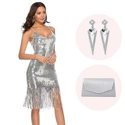Anni Ruggenti Anni 1920 Lunghezza al ginocchio Abito Flapper Abiti Senza maniche Il grande Gatsby Invitato al matrimonio Paillettes Frangia con nappe Scollo a V Costume Per donna Natale Carnevale