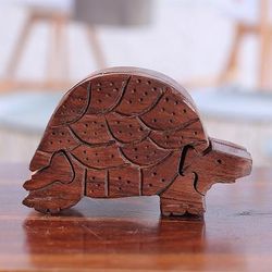 'Hand-Carved Turtle-Shaped Mango Wood Puzzle Box from India'