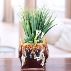 Mystic Owl,'Owl-Shaped Ceramic Flower Pot in Brown Hues'