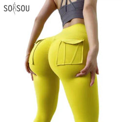 SOISOU Leggings en nylon pour femme, pantalon de sport et de yoga, sexy, moulant, taille haute, élastique, avec poches