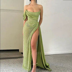 Charmante robe De soirée sirène verte, paillettes scintillantes, Sexy, fente latérale, gracieuse, asymétrique épaule dénudée, personnalisée