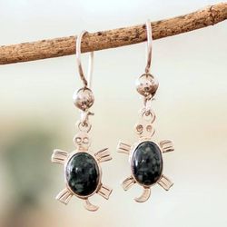 'High-Polished Dark Green Jade Sea Turtle Dangle Earrings'