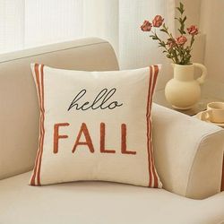 TEMU Contemporary Embroidered "hello Fall" Lettering Throw Pillow Cover, 100% Polyester, Zipper Closure, Spot-clean, Woven, Suitable For Various Rooms, Home Decor Cushion Cover - 1 Piece