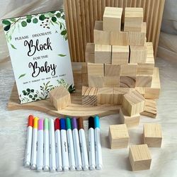 TEMU Set, Babyshower Games Including Decorate Game Sign 30 Diy Blank Wooden Block 12 Acrylic Paint Marker Guestbook Babyshower For Gender Reveal