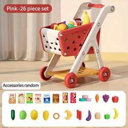 TEMU Jovow, Children's Shopping Cart, Handcart Toy Set, Pretend Game, Grocery Shopping Cart, With Pretend Food And Accessories, Wheels, Random Accessory Colors, Christmas, Gift