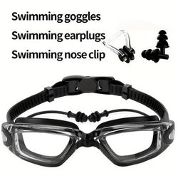 TEMU Adjustable Swimming Goggles Kit With Protection - Includes Swimming Goggles, Earplugs, Nose Clip - Black, Durable Pc Material For , Swimming Gear|adjustable Headgear| Goggles, Swim Goggles