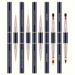 TEMU 5pcs Dual-ended Nail Art Brush Set, 2-in-1 Gel Pens Liners & Angled Brushes, Includes Nail Salon Pen Caps, Hypoallergenic, Application, Nail Art Supplies