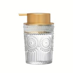 TEMU 1pc Embossed Glass Soap Dispenser With Rustic Golden Pump, Refillable Liquid Hand Soap Containers For Bathroom And Kitchen Decor