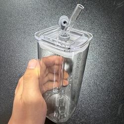 TEMU 1pc Rectangular Glass Water Cup, Transparent, Heat-resistant, Multipurpose, Reusable, Portable, With Straw, Hand Wash Only, No Pattern, For Milk Tea Coffee