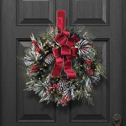 24" Pre-Lit Christmas Wreath - Christmas Cheer Flocked Wreath - Frontgate - Outdoor Christmas Decorations