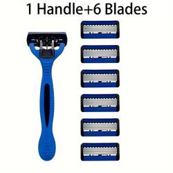 TEMU Men's Manual Safety Razor With 6-layer Stainless Steel Blades, Ergonomic Metal Handle, For Beard And Mustache Grooming, Comfort Grip - Includes Replaceable Blade Cartridges