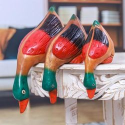 Duck Clan,'Set of 3 Hand-Carved Painted Raintree Wood Duck Sculptures'