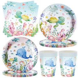 Ocean Sea Birthday Party Tableware Turtle Whale Print Plates Napkins Cups for Baby Shower Ocean Party Birthday Decorations
