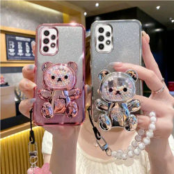 A 52 A 32 Flower Strap Bear Phone Holder Case On For Samsung Galaxy A52 A32 A22 A33 A51 A52S A53 A71 A72 A73 4G 5G Stand Cover