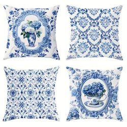 TEMU [jit]4pcs Velvet Throw Pillow Covers Floral Patterned Floral Vase Teacups Blue White Baroque Vintage Decorative Pillowcases 18in*18in For Living Room Bedroom Sofa Bed Decoration Without Pillow Inserts