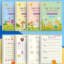 TEMU 4pcs Large Reusable Handwriting Practice Books Comfortable Copying Sight Words Grooved Workbook Set 4 Books + 1 Pen + 5 Refills + 1 Pen Grip Christmas Gift