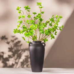 12 Inch Tall Black Ceramic Vase, with 5 Branches of 25 Inch Faux Artificial Vibrant Greenery Stems