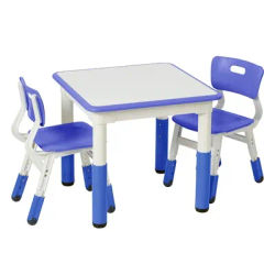 ECR4Kids Dry-Erase Square Activity Table with 2 Chairs, Adjustable, Kids Furniture, Blue, Grassy