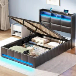 Bed Frame with Lift Up Storage, Charging Station & LED Lights, Upholstered Storage Headboard, Heavy