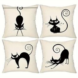 TEMU 4pcs, Black Cat Throw Pillow Covers, 18in*18in, Simple Black Cat Decorative Cushion Covers, Farmhouse Party Home Decor Pillowcases, For Couch Sofa Living Room Bedroom, Without Pillow Inserts