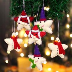 'Set of 6 Star-Shaped Christmas-Themed Wool Felt Ornaments'