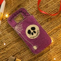 'Handcrafted Halloween-Themed Purple Wool Felt Mobile Case'