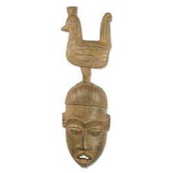 Rooster Friend,'Handcrafted Sese Wood Wall Mask from Ghana'