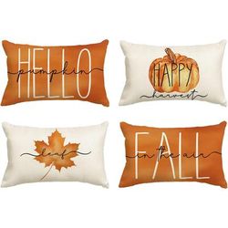 TEMU 4-pack Linen Throw Pillow Covers 12x20 Inch - Contemporary Autumn Design With Pumpkin, Maple Leaf, Fall Motifs - Machine Washable, Zipper Closure, Woven Cushion Cases For Home Decor