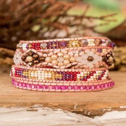 'Hand-Woven Beaded Floral Wrap Bracelet with Pewter Button'