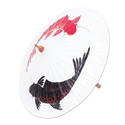 'Hand-Painted Cotton and Bamboo Thai Parasol with Fish Motif'