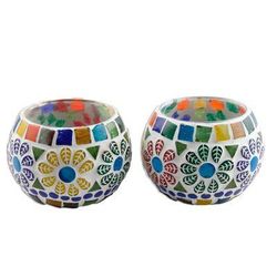 Floral Illumination,'Pair of Colorful Round Mosaic Tealight Candleholders'