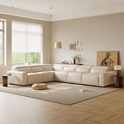 141.14" Power L Shape Recliner Couch With 2 Recliner Seats, Eco-friendly Microfiber Leather, USB/Type C Charging Port, Adjustable Headrest, Living Room, Beige