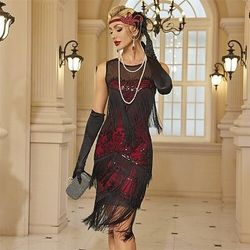 Anni Ruggenti Anni 1920 Lunghezza al ginocchio Vestito Abito Flapper Abito per Festa di Natale Senza maniche Il grande Gatsby Invitato al matrimonio Paillettes Frangia con nappe Scollo Tondo Costume