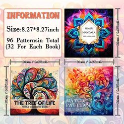 TEMU Adult Coloring Books Set Of 3 - Mandala, Tree Of Life & Nature Patterns - Sketchbooks For Relaxation And , 96 , Lay Flat, High-quality Pages, Ages 14+