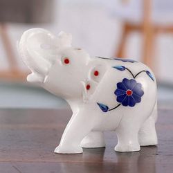 'Blue Spring-Themed Hand-Carved Alabaster Elephant Figurine'