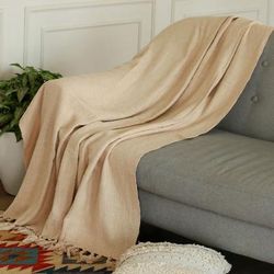 'Indian-Made 100% Cotton Slubbed Throw Blanket in a Beige Hue'